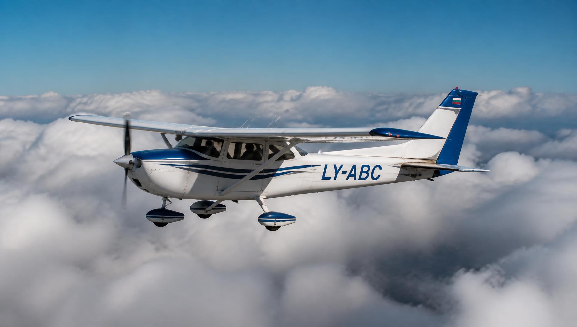 White and blue high-wing single-engine propeller aircraft with European registration flying in bright daylight above a sunlit cloud layer