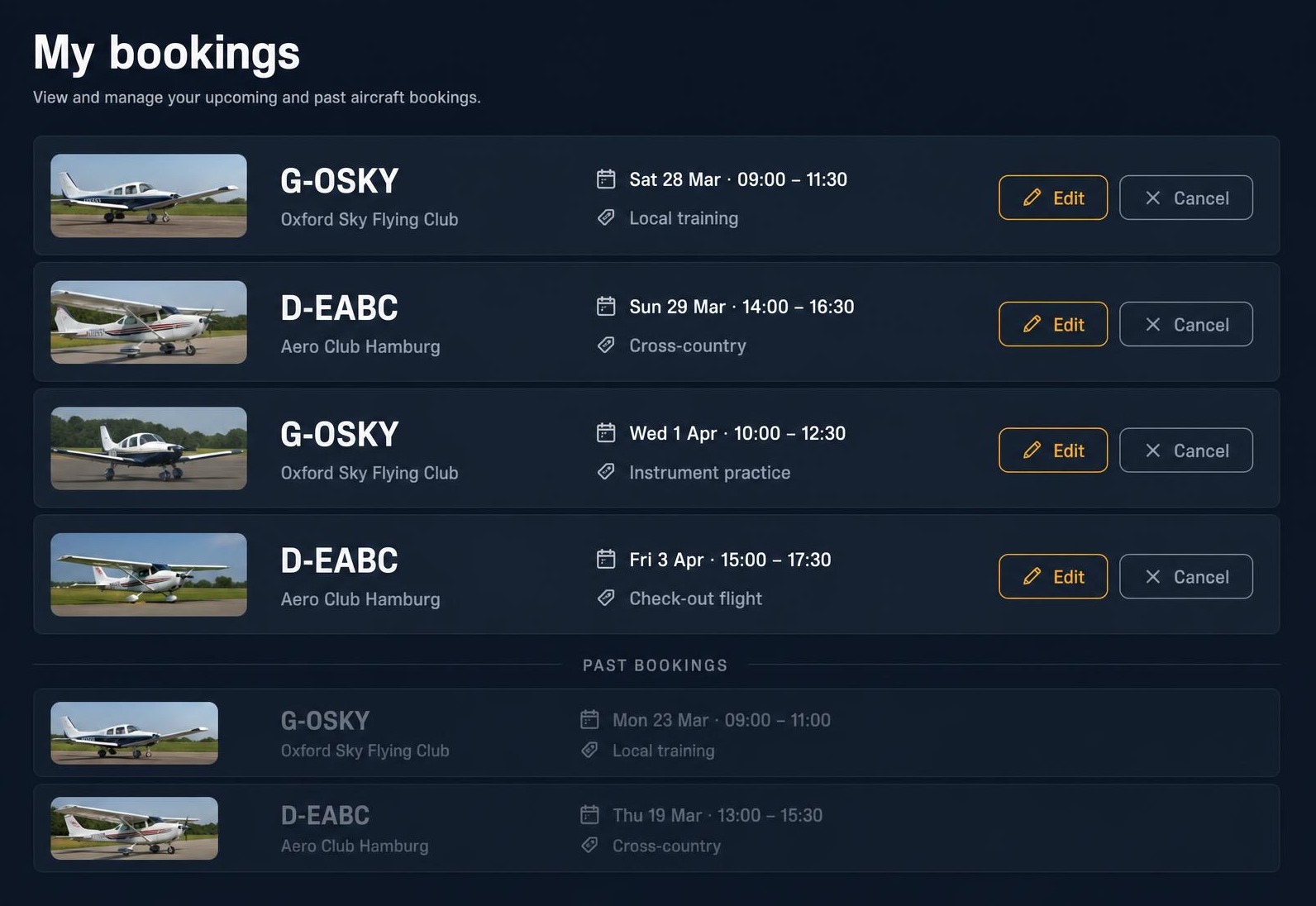 My bookings page listing upcoming and past bookings with edit and cancel buttons