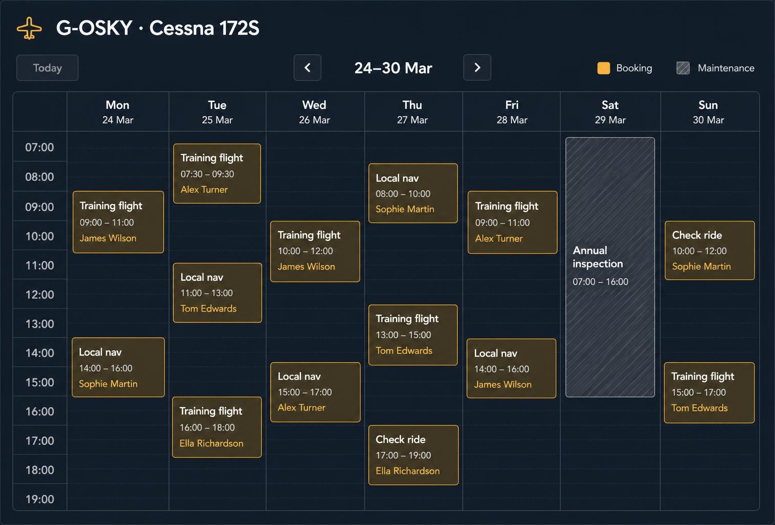 Week calendar for a single aircraft showing bookings and a maintenance block